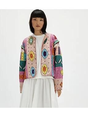 Free People x Victoria Leivissa Evil Eye Jacket, Handmade Artisan Patchwork